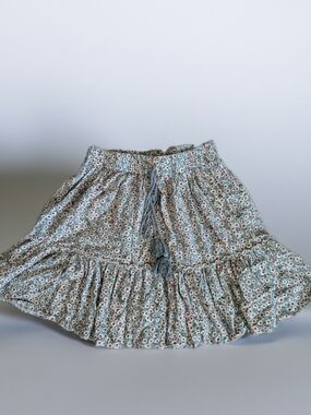 Simple Sage Green Floral Tiered Skirt with Tassel Tie